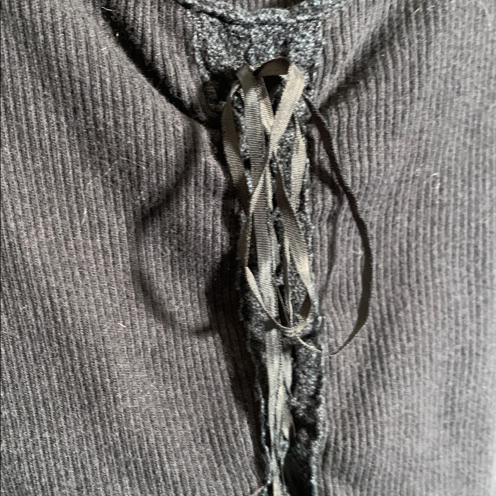 Lucky Brand Womens Y2K Ribbed Long Sleeve Top Black Cinch Tie Front Sz L Fitted - Picture 3 of 6
